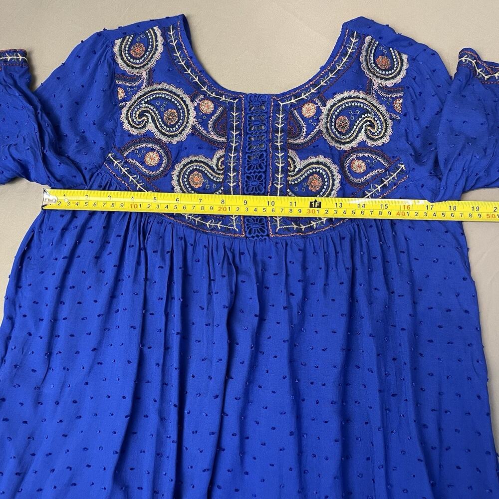 Umgee Small Blue Women's Paisley Embroidered Bell Sleeve Mini Dress Bohemian - Picture 5 of 10